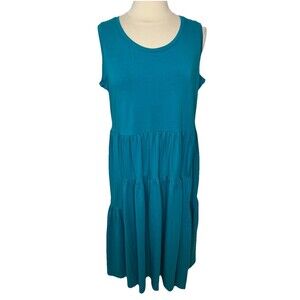 Chicos Tiered Tank Maxi Dress 2 US L Teal Blue Sleeveless Stretch Scoop Neck New